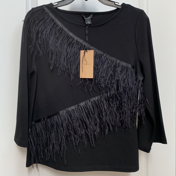 Halogen 🖤 Nordstrom Ostrich Feather Zig Zag Sweater Black Quarter Sleeve Top - Picture 6 of 15